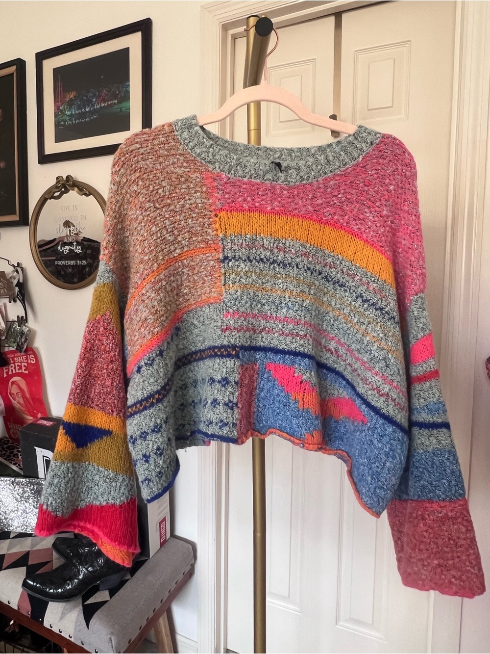 Moon & Madison Neon Aztec Boho Festival Patchwork Crop Sweater Large